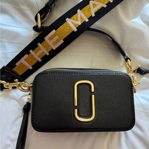 Marc Jacobs Black/White/Gold Crossbody Bag with Gold/Pink Strap